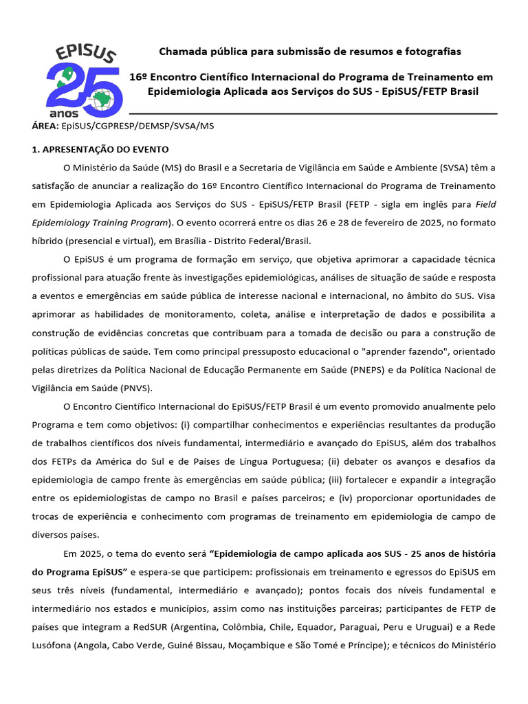 Chamada para Resumos do EpiSUS 2025 | PDF | Abstract (resumo ...
