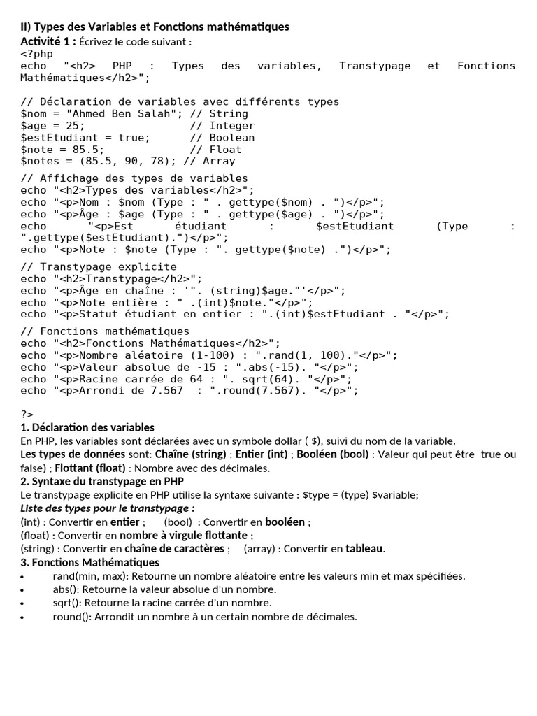 Variables, Fonctions et Contrôles en PHP | PDF | Booléen | Structure de ...