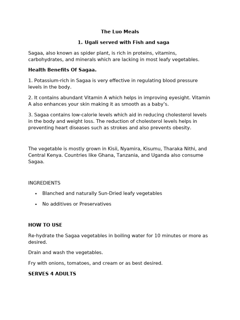 Luo Traditional Meals and Health Benefits | PDF