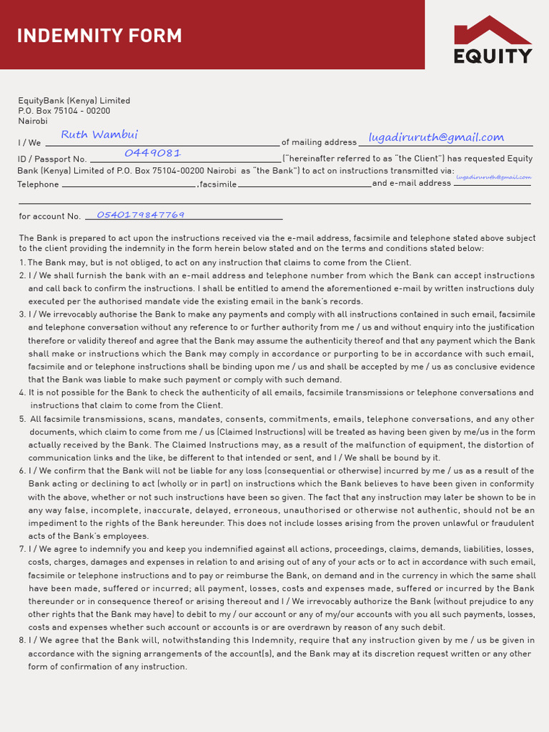 Equity Bank Indemnity Form Template | PDF | Indemnity | Banks