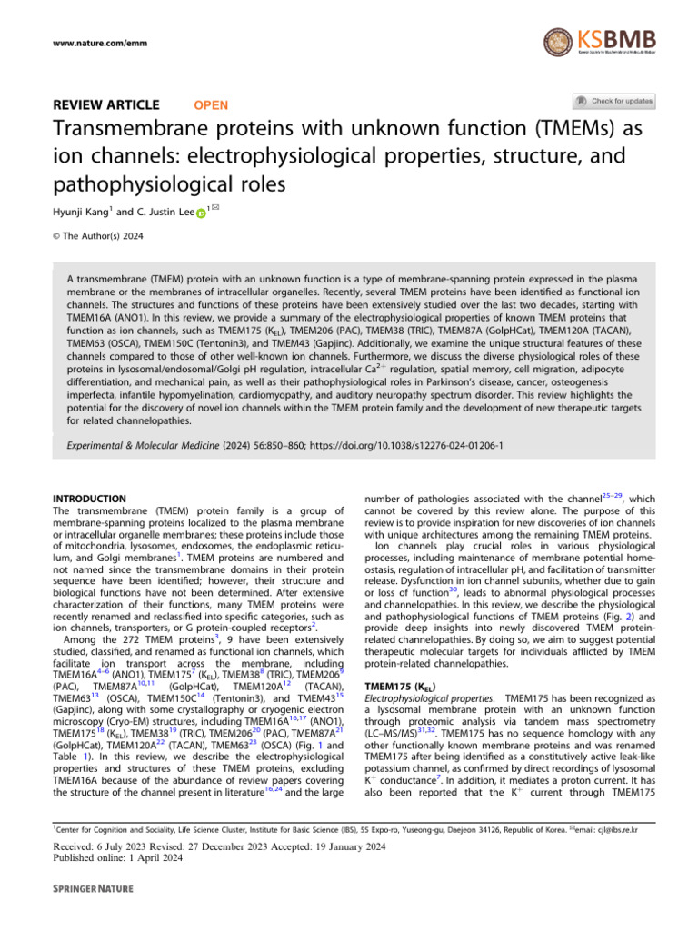 TMEM Proteins as Ion Channels: Review | PDF | Ion Channel | Lysosome