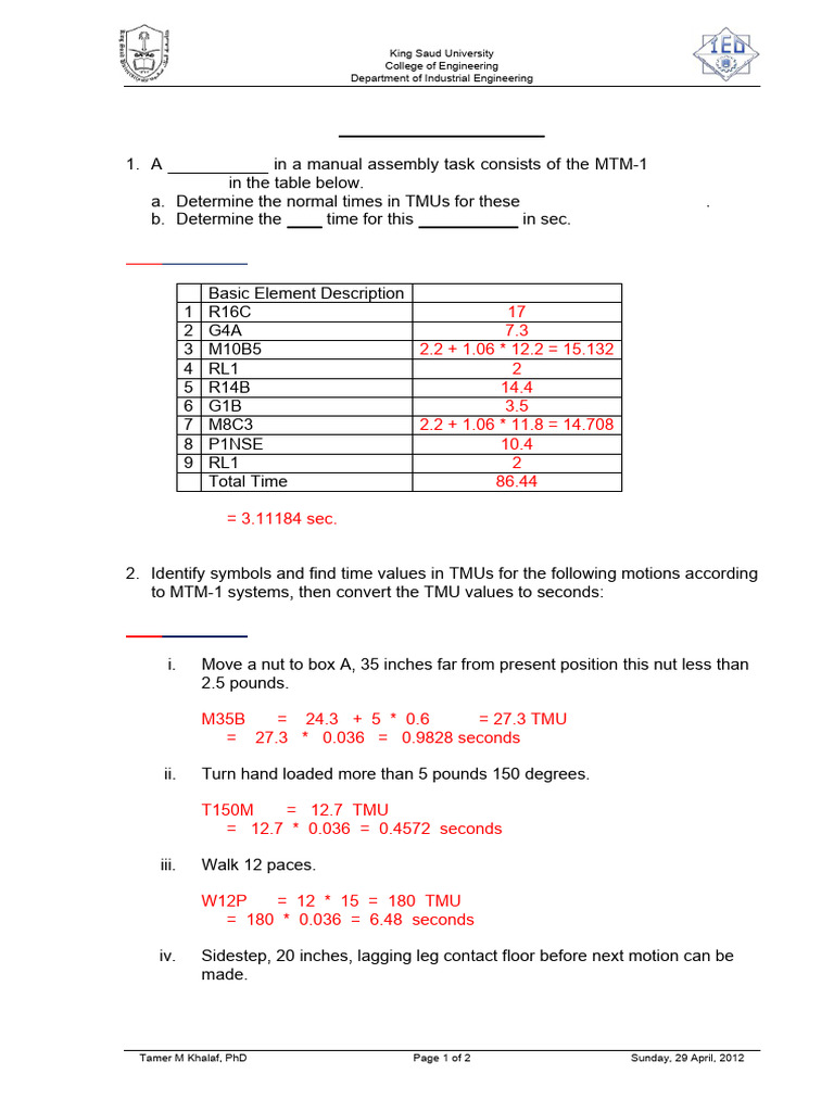 MTM-1 Time Calculations for Assembly Tasks | PDF