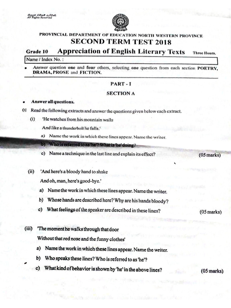 English Literature Grade 10 Second Term Test 2018 North Western ...