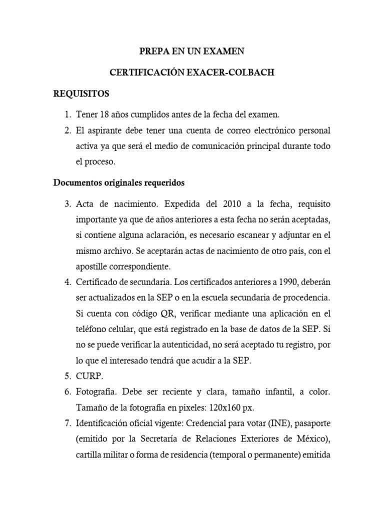 Requisitos para Certificación EXACER-COLBACH | PDF