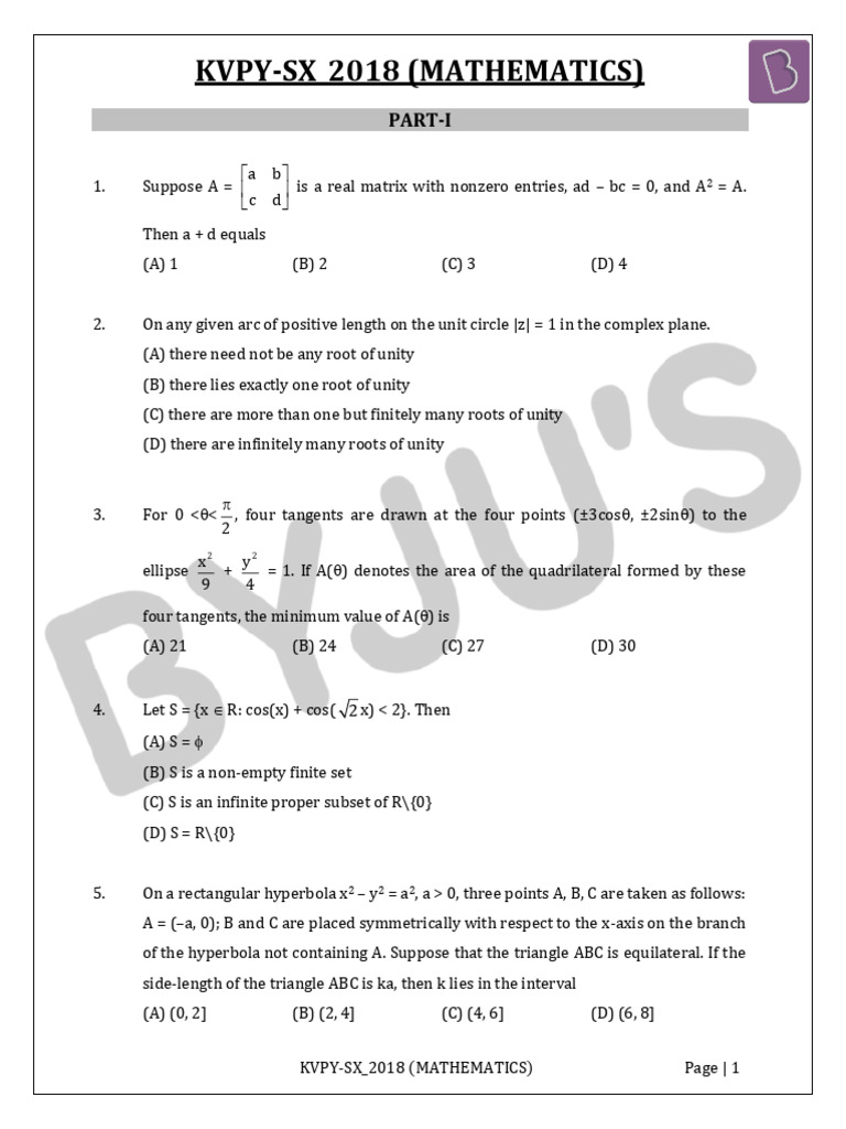 KVPY SX 2018 Maths Question Answerkey Solutions | PDF | Ellipse ...