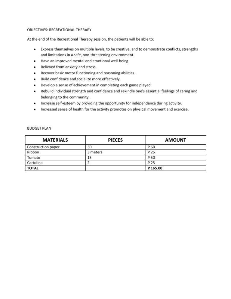 Objectives Recreation Therapy PDF