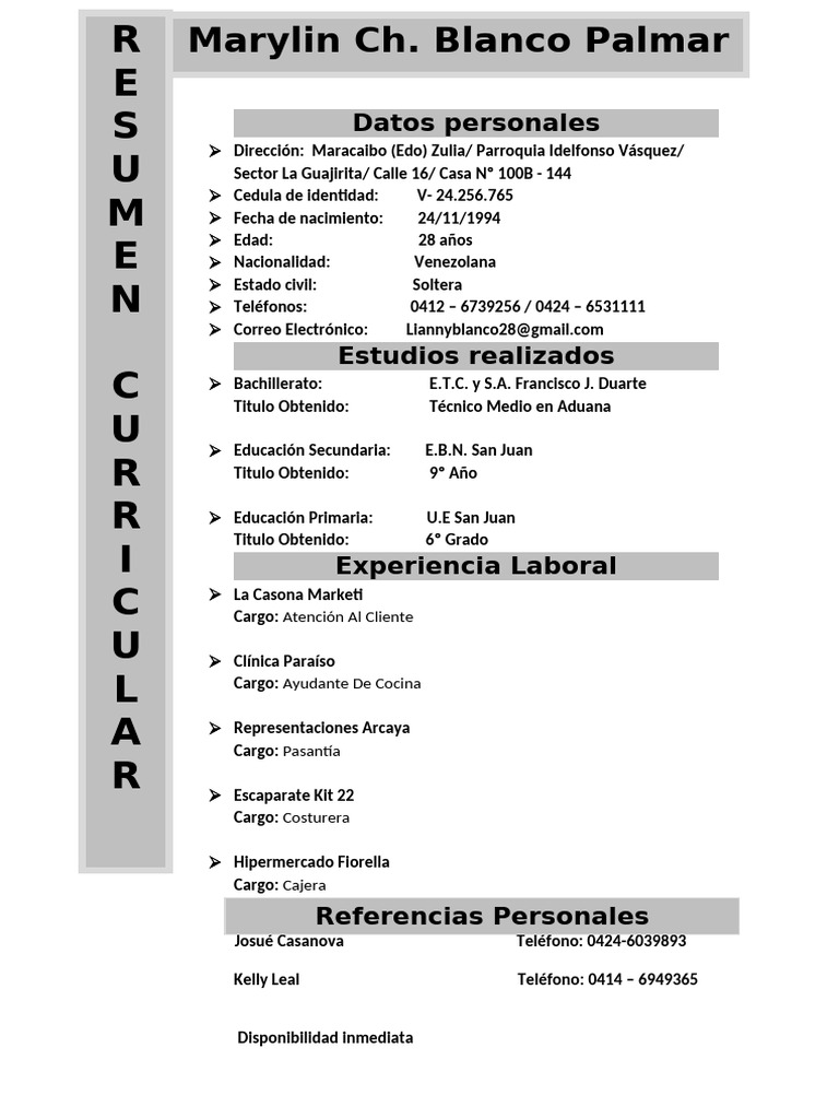 Currículum de Marylin Blanco Palmar | PDF