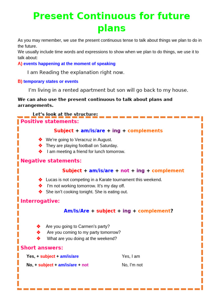 Present Continuous for Future Plans | PDF