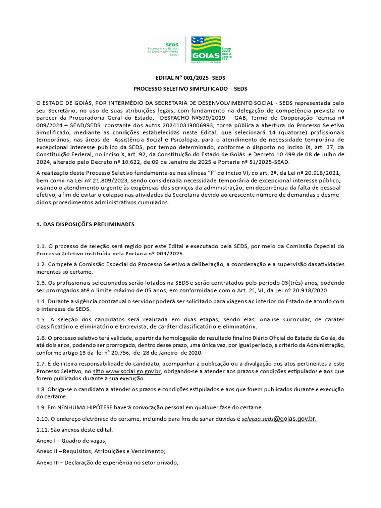 Processo Seletivo SEDS Goiás 2025 | PDF | Psicologia | Exclusão social