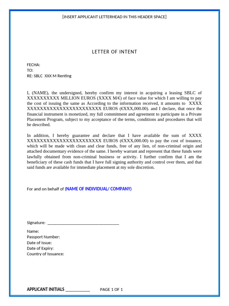 SBLC Leasing Letter of Intent Template | PDF