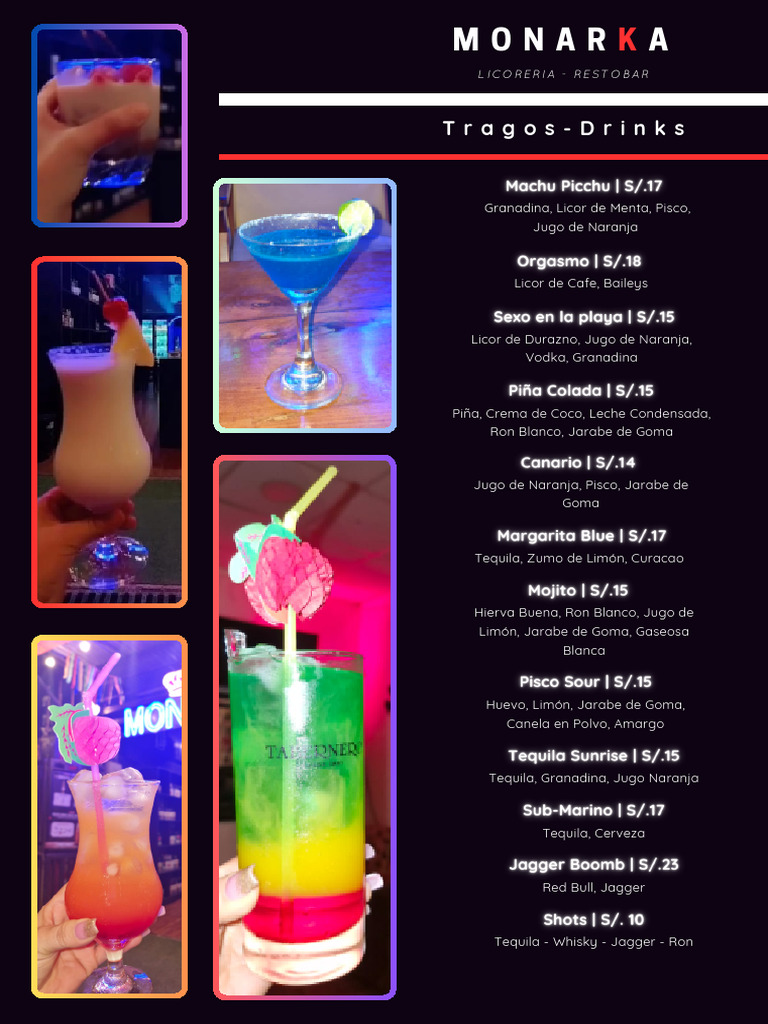 Bebidas y Platos de Monarka Restobar | PDF