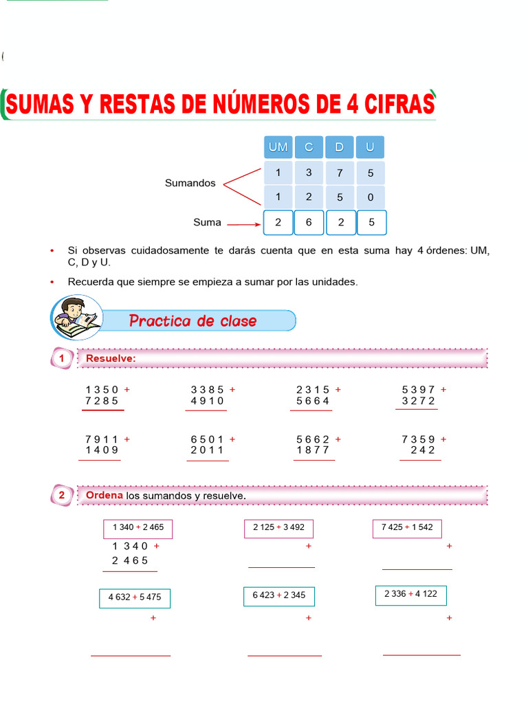 Sumas y Restas de Números de 4 Cifras para Segundo Grado de Primaria | PDF