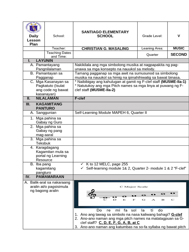 Daily Lesson Plan (Music, Grade 5) | PDF