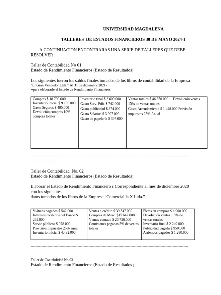 Talleres de Estados Financieros 2024 | PDF | Contabilidad | Estado de ...
