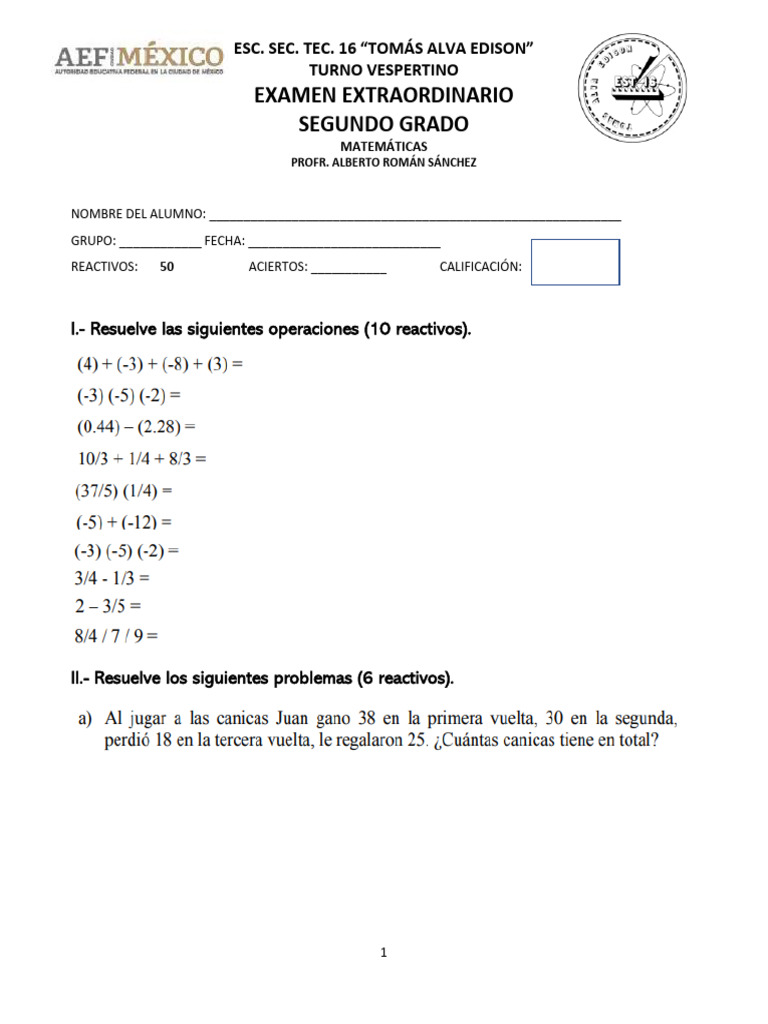 Examen Extraordinario de Matemáticas 2° Grado | PDF