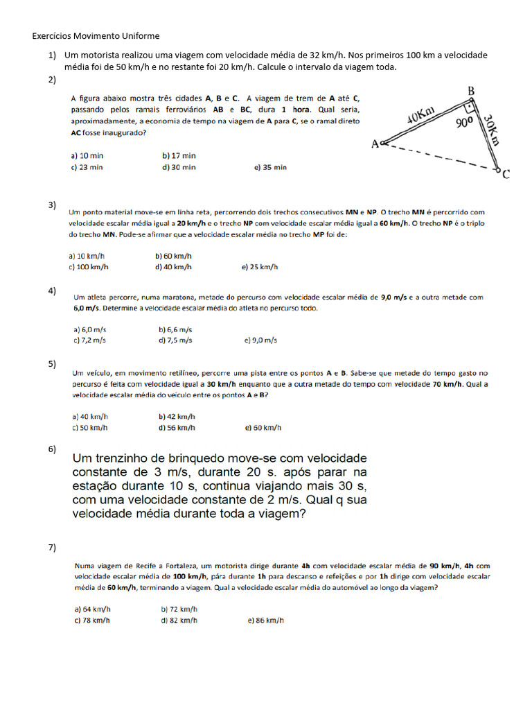 Exercícios Movimento Uniforme | PDF