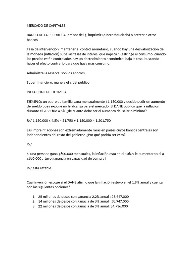 Inflación y Mercado de Capitales en Colombia | PDF