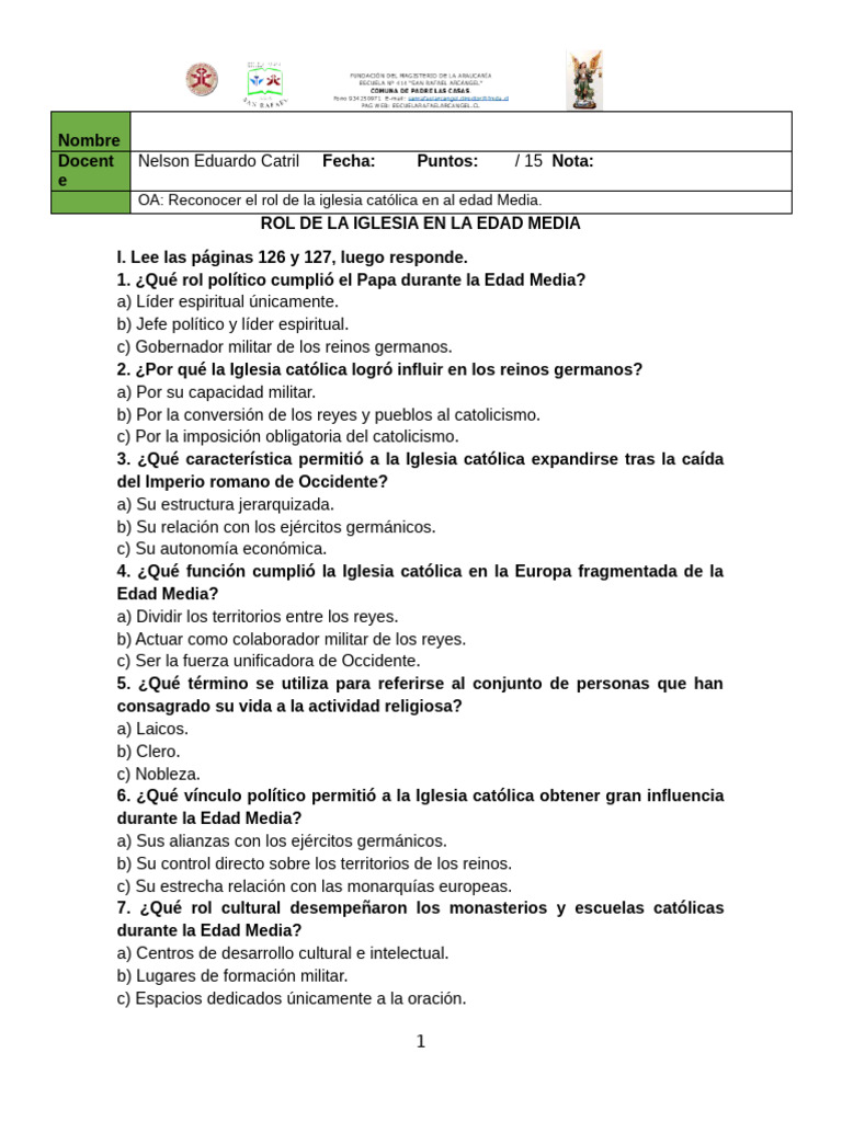 Taller 7° Rol de La Iglesia en La Edad Media | PDF | Edades medias ...