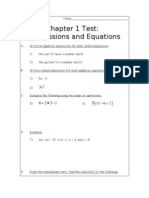 Chapter 1 Test: Expressions and Equations