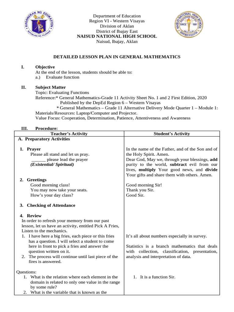 General Math Lesson Plan: Evaluating Functions | PDF | Function ...