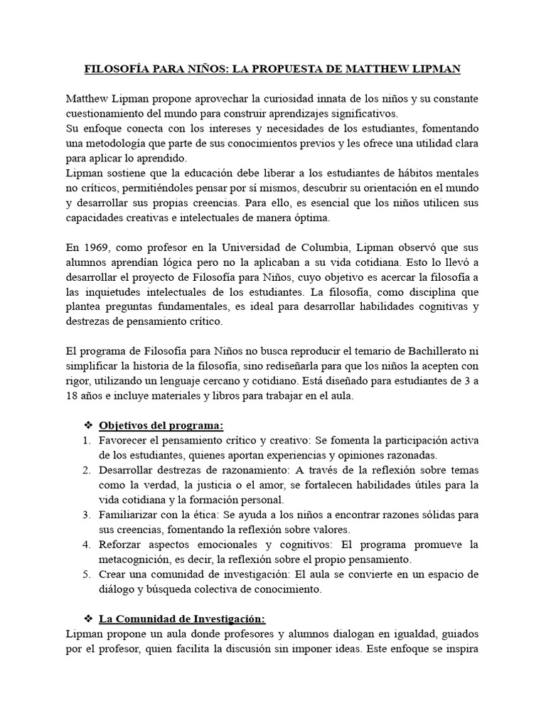 Filosofía para Niños: Método Lipman | PDF | Pensamiento | Maestros