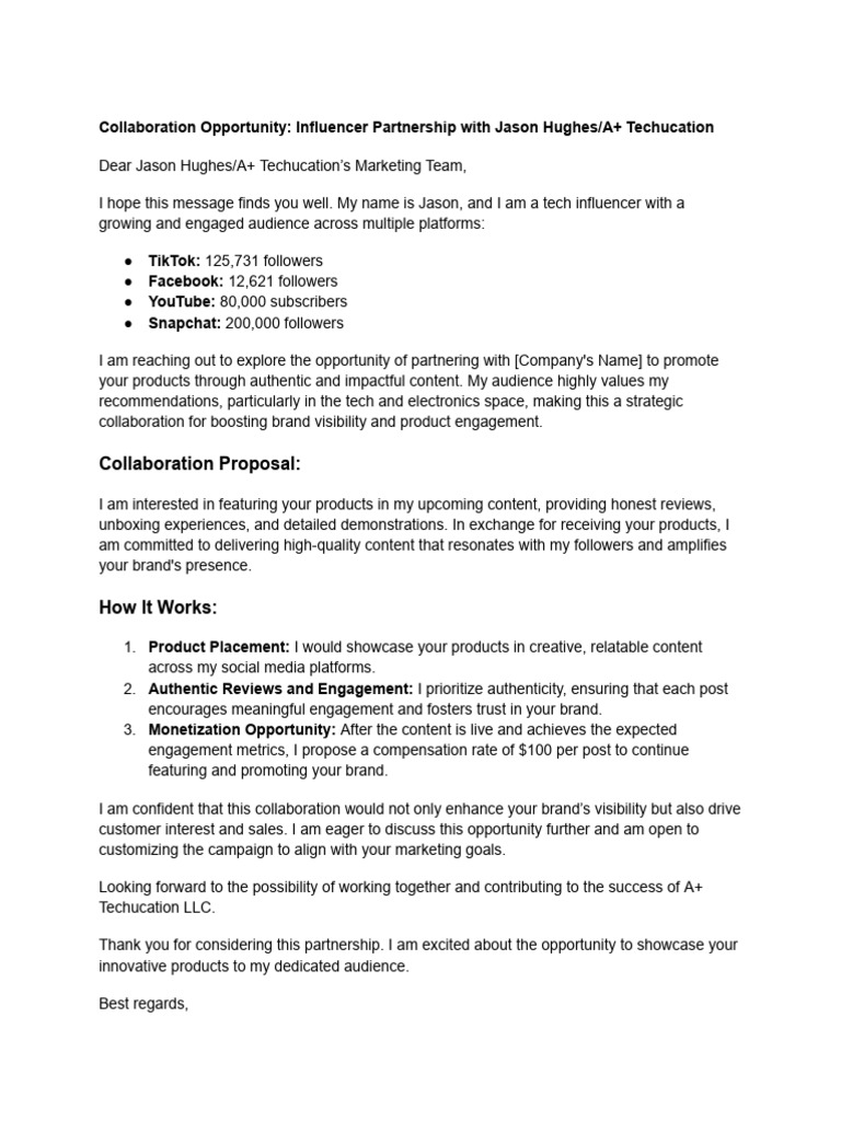 Influencer Partnership Proposal with Jason Hughes | PDF