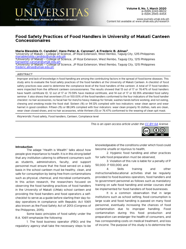 Food Safety Practices in UMak Canteen | PDF | Food Safety | Foodborne ...