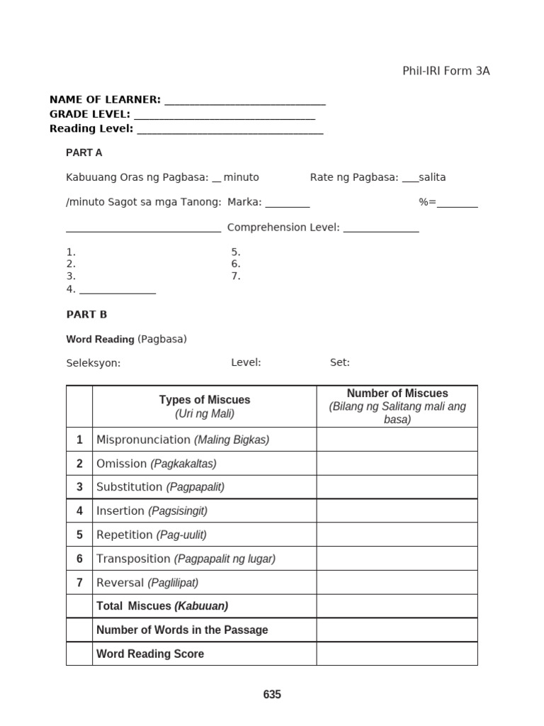 Phil IRI IRI INDIVIDUAL FORM | PDF