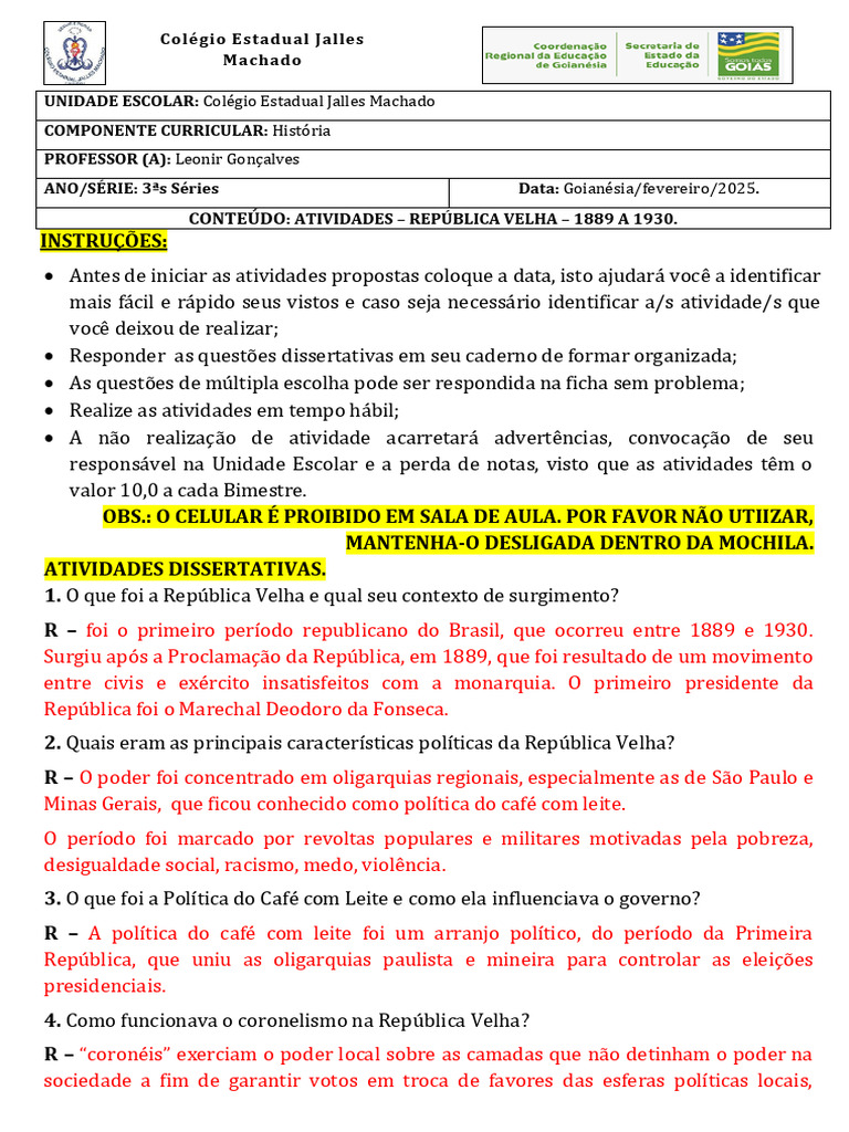 FICHA3 - ATIVIDADES - REPUBLICA VELHA - 1889 - 1930 resposta | PDF | Brasil