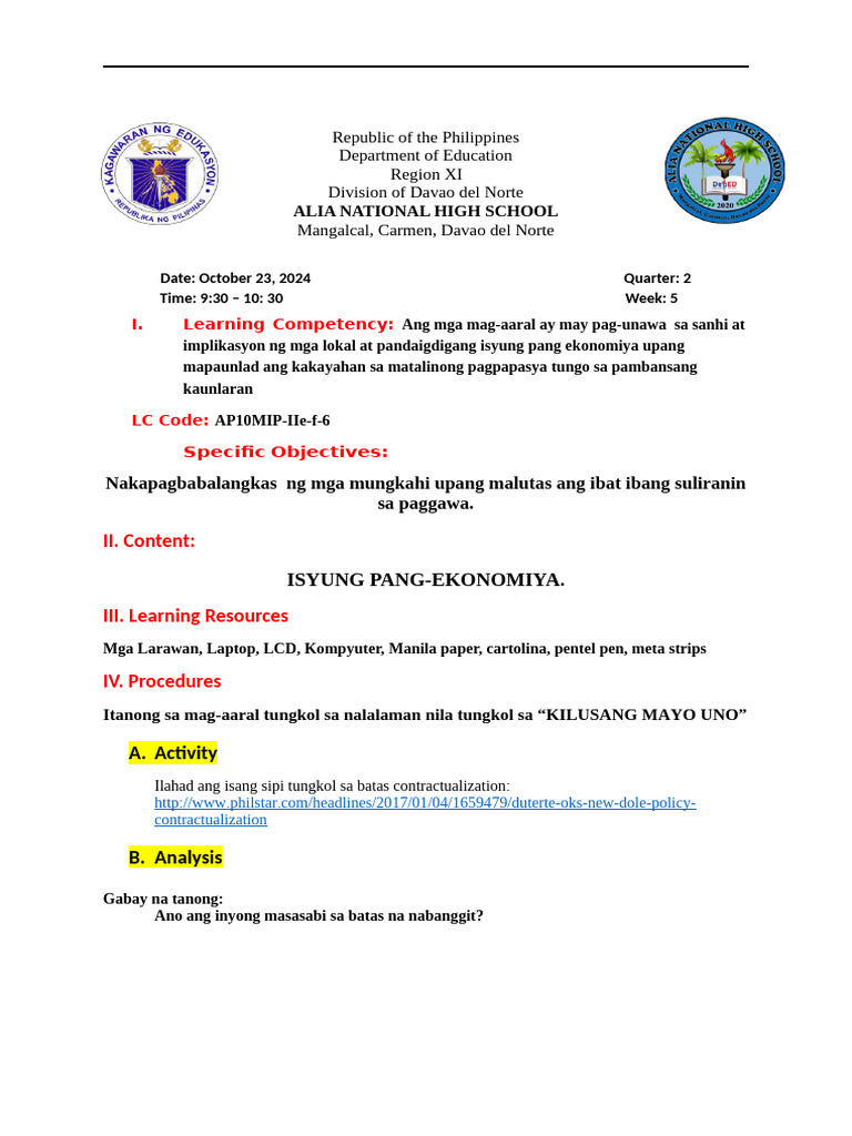 Lesson Plan Aral - Pan 10 | PDF