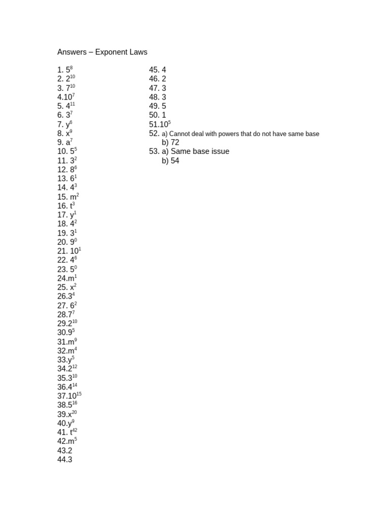 Exponent Laws Answer Key | PDF