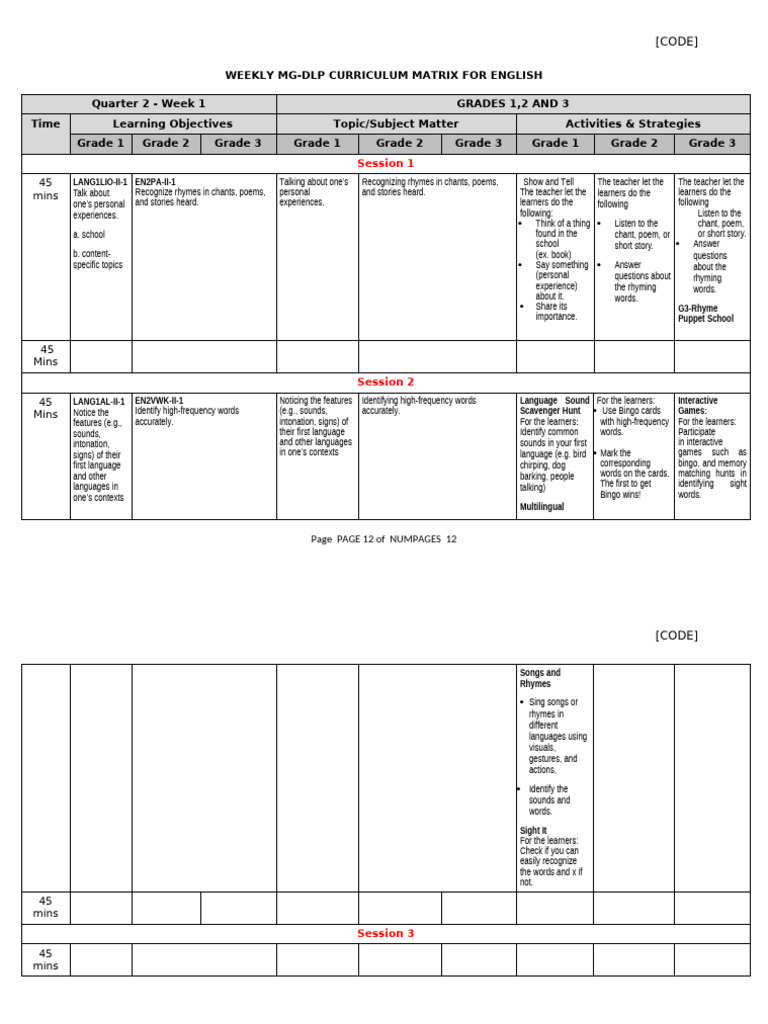 Weekly English Curriculum Matrix for Grades 1-3 | PDF | Poetry | Human ...