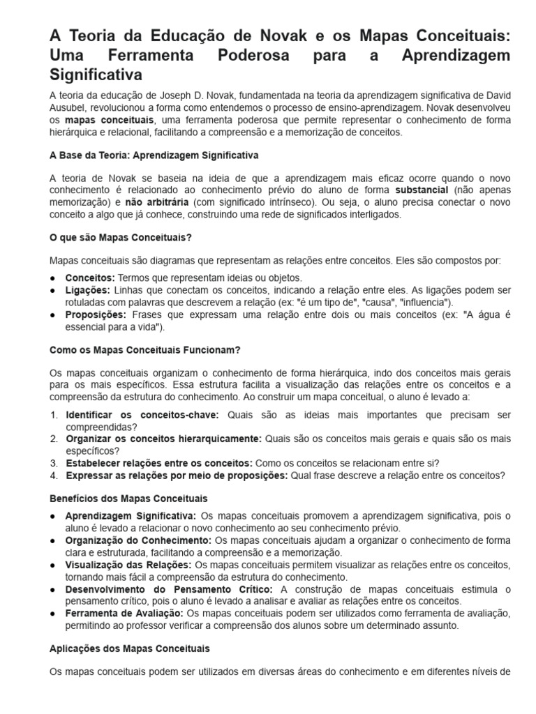 Teoria de Novak e Mapas Conceituais | PDF | Aprendizado | Ciência cognitiva