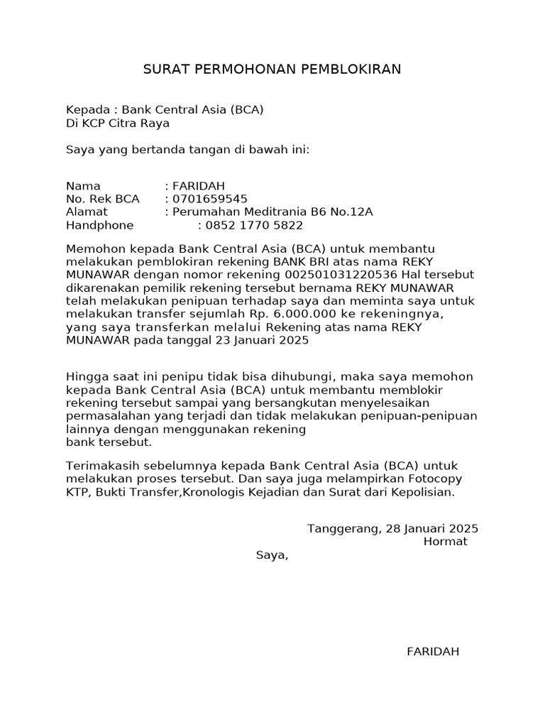 Permohonan Pemblokiran Rekening BRI | PDF