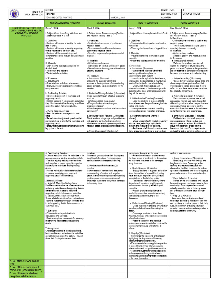 Grade 3 Daily Reading & Values Lesson | PDF | Reading Comprehension ...