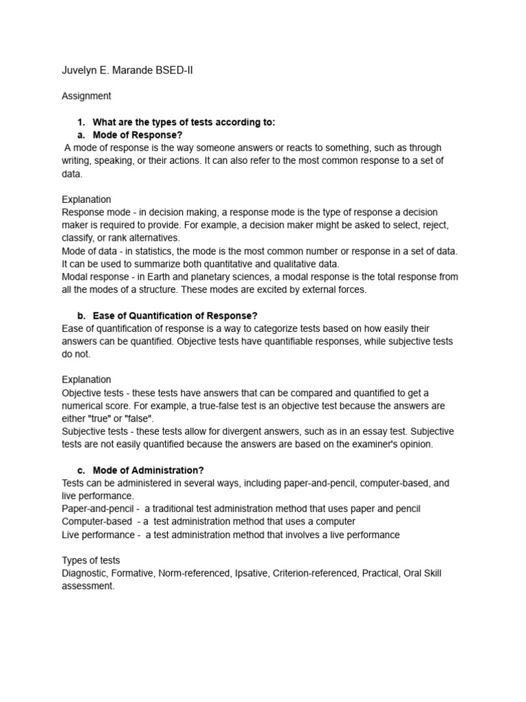 Types of Tests and Their Classifications | PDF | Educational Assessment ...