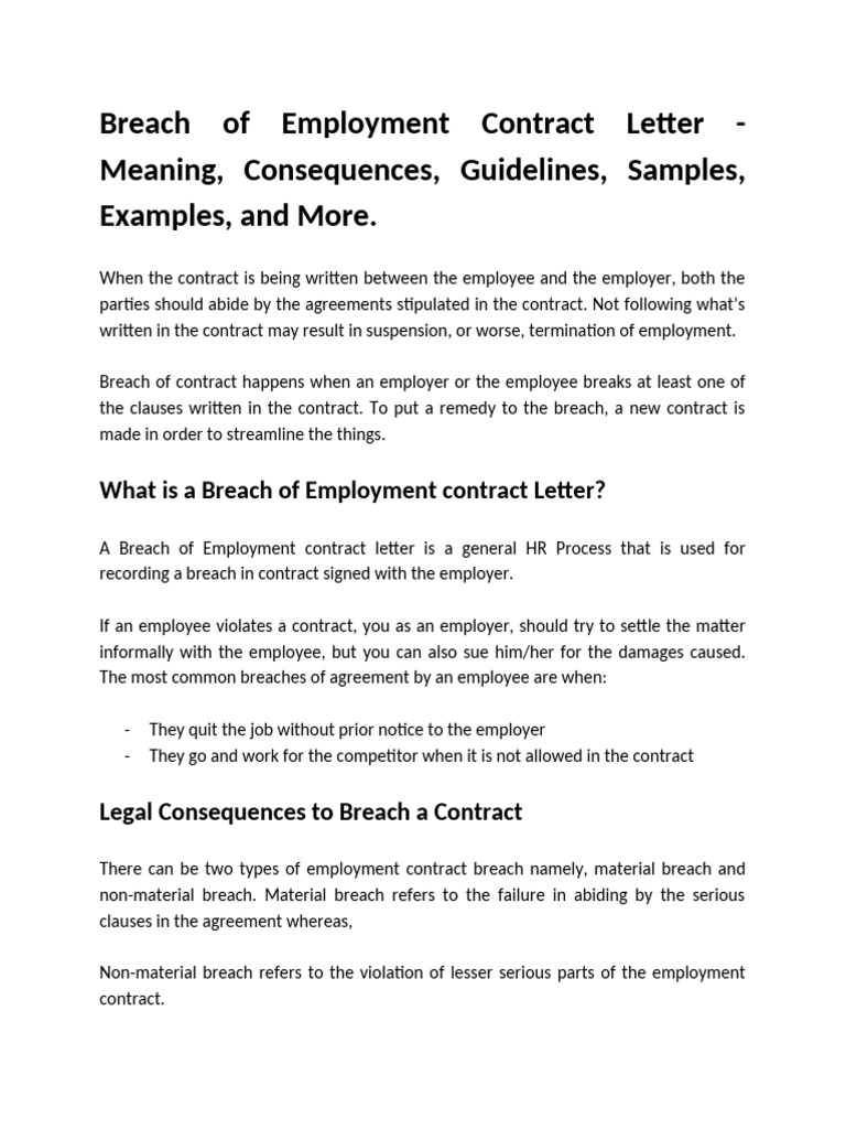 Breach of Employment Contract Guidelines | PDF | Breach Of Contract ...