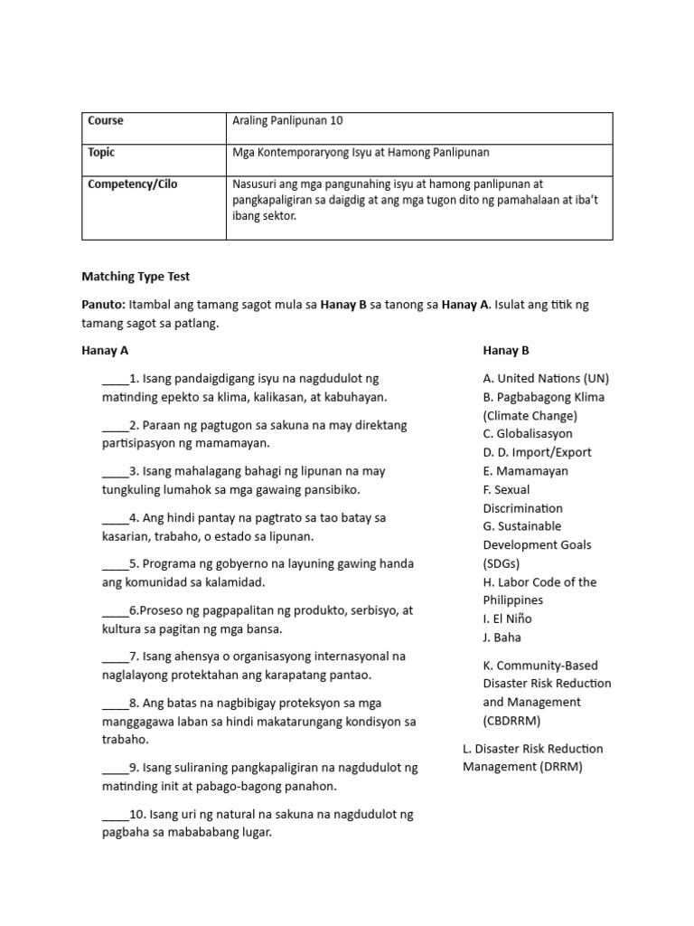Matching Type Test - True or False | PDF