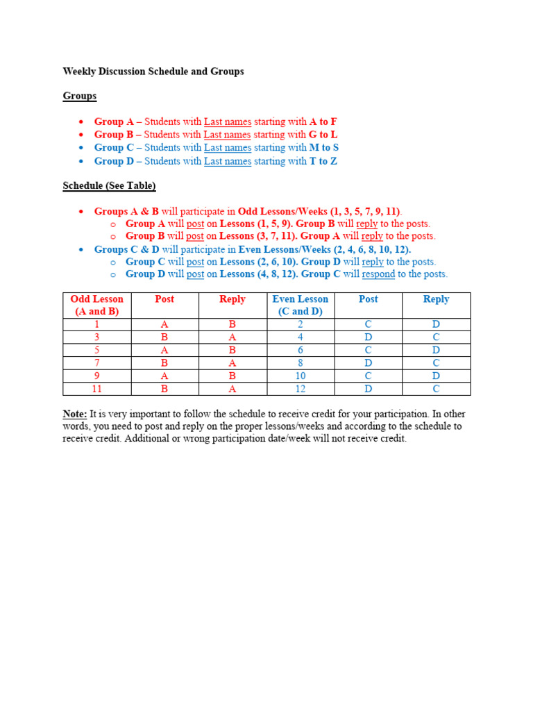 Weekly Discussion Schedule and Groups | PDF