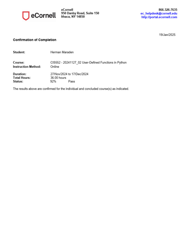 Confirmation of Completion Letter Student | PDF