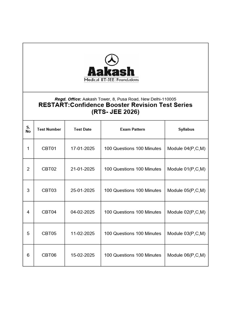 RTS JEE 2026 Test Series Schedule | PDF