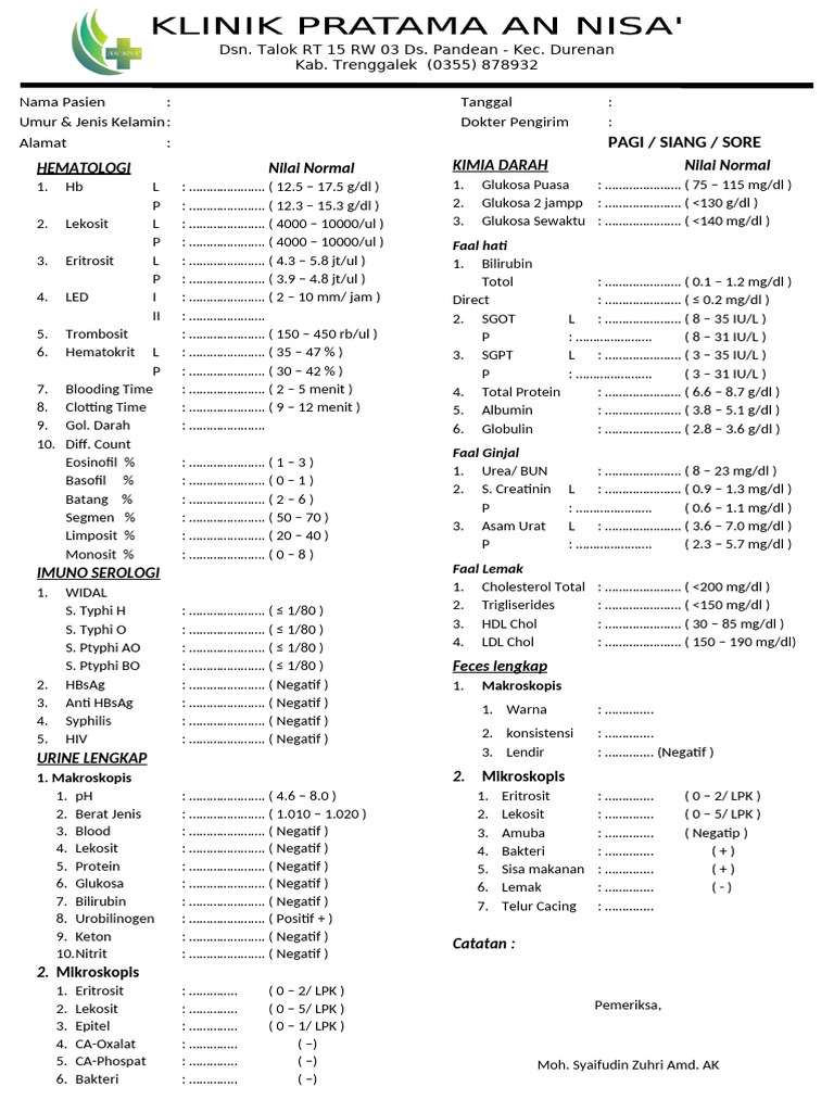 Hasil Pemeriksaan Laboratorium Lengkap | PDF
