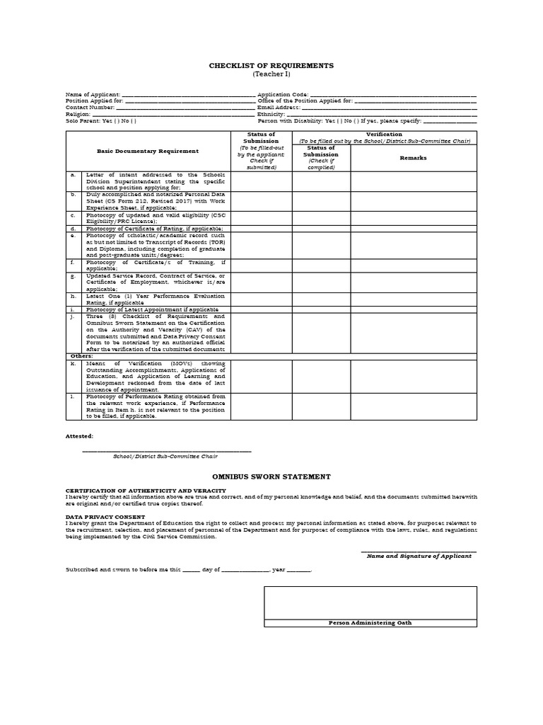 Teacher I Application Requirements Checklist | PDF | Notary Public