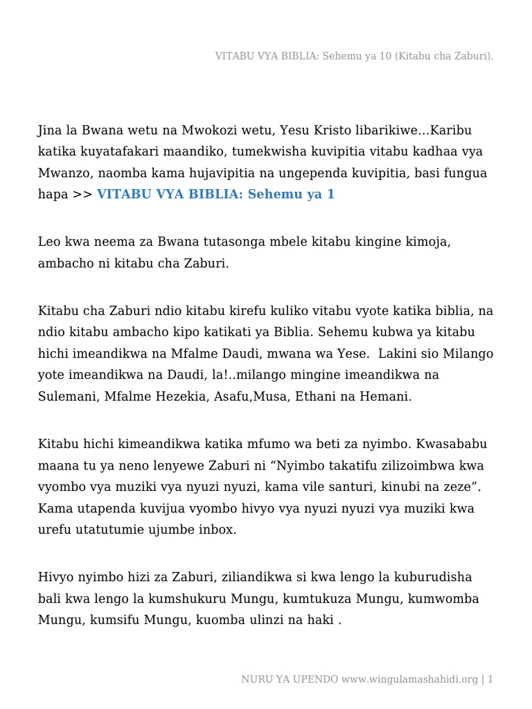 VITABU VYA BIBLIA - Sehemu Ya 10 (Kitabu Cha Zaburi) . | PDF