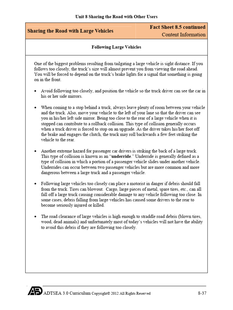 Following Large Vehicles Fact Sheet | PDF | Truck | Traffic Collision