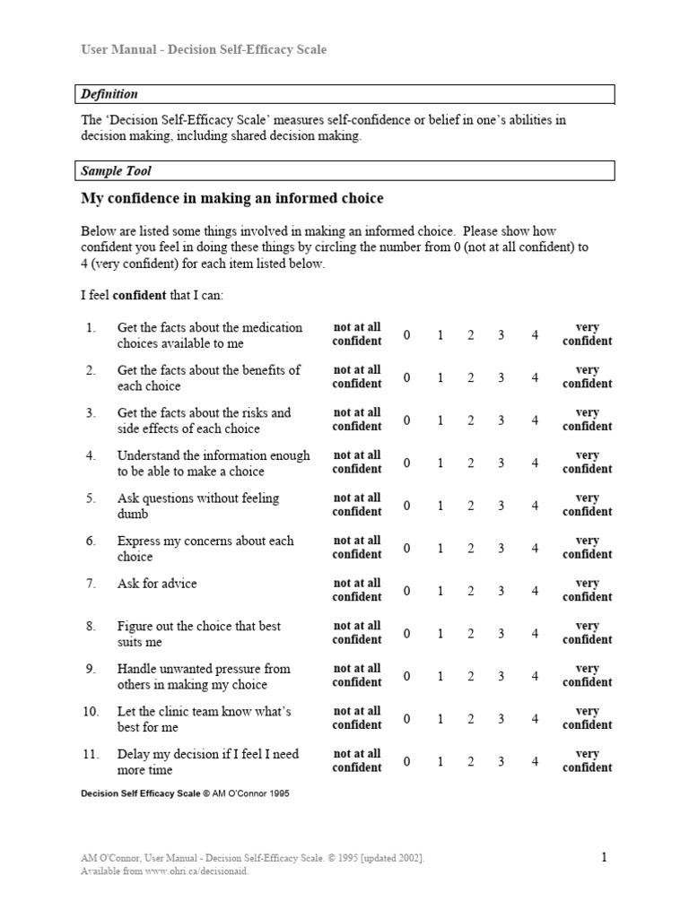 User Manual for Decision Self-Efficacy Scale | PDF | Self Efficacy ...