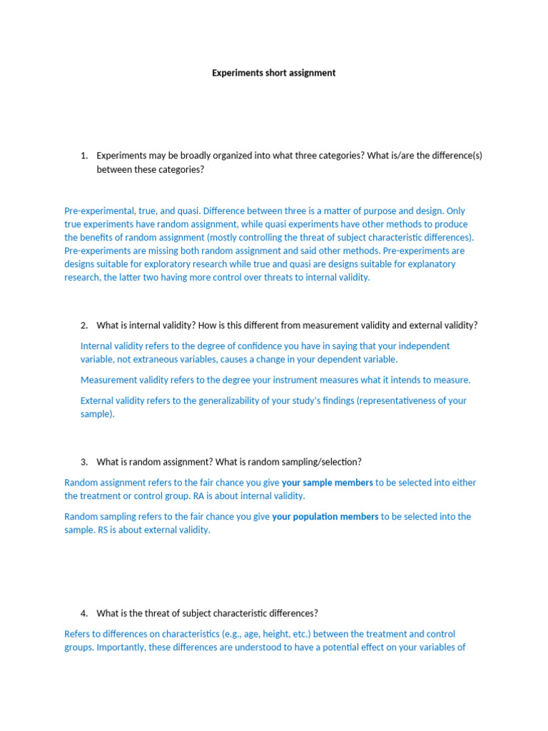 Experiments short assignment answer key PDF Experiment Validity