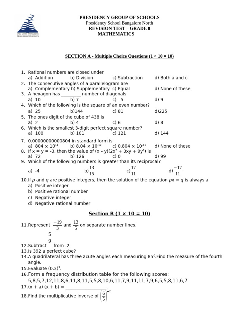 Grade 8 Maths Revision Test | PDF | Numbers | Rational Number