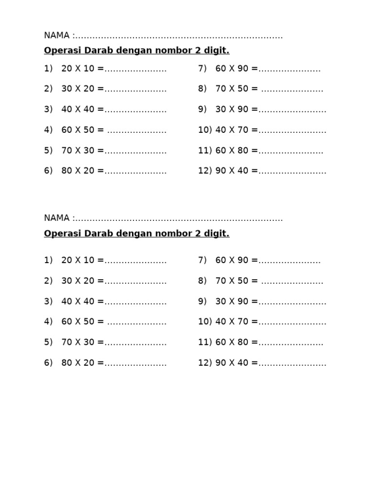 Operasi Darab Dengan Nombor 2 Digit Pdf