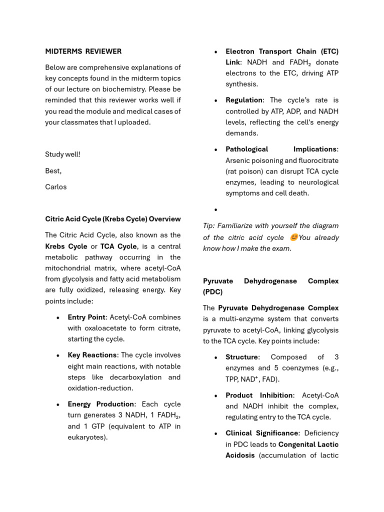 Biochemistry Midterms Study Guide | PDF | Citric Acid Cycle | Chemistry